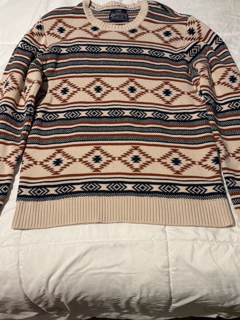 American Rag Cream, Navy & Rust Aztec Crewneck Sweater